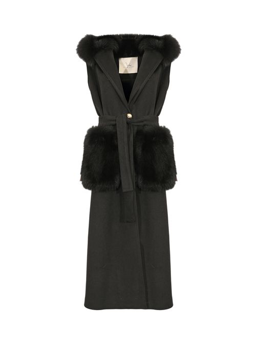 Cappotto gilet CD1204 in lana con pelliccia di volpe Nero YES LONDON | CD1204 CAPP E TASCNERO